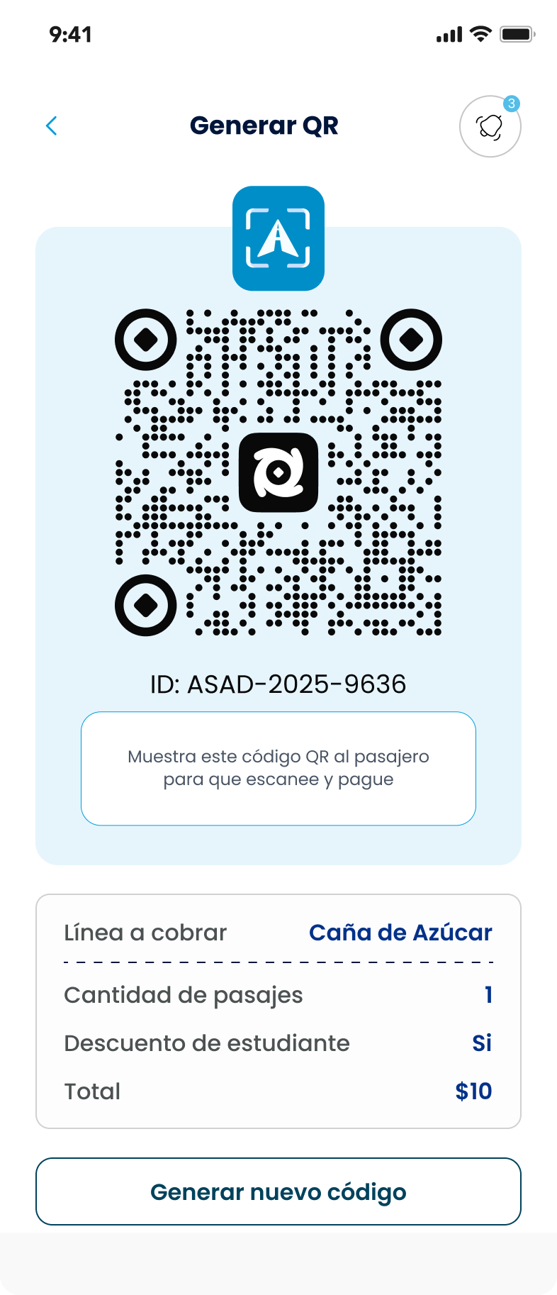 Pantalla de pago con código QR de ASAD
